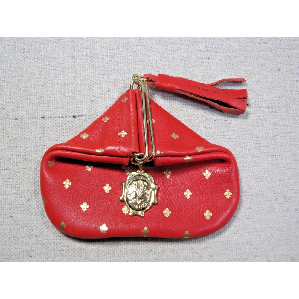 Vintage Italian Red Leather Triangle Coin Purse Gold Fleur De Lis Fiocchi Italy